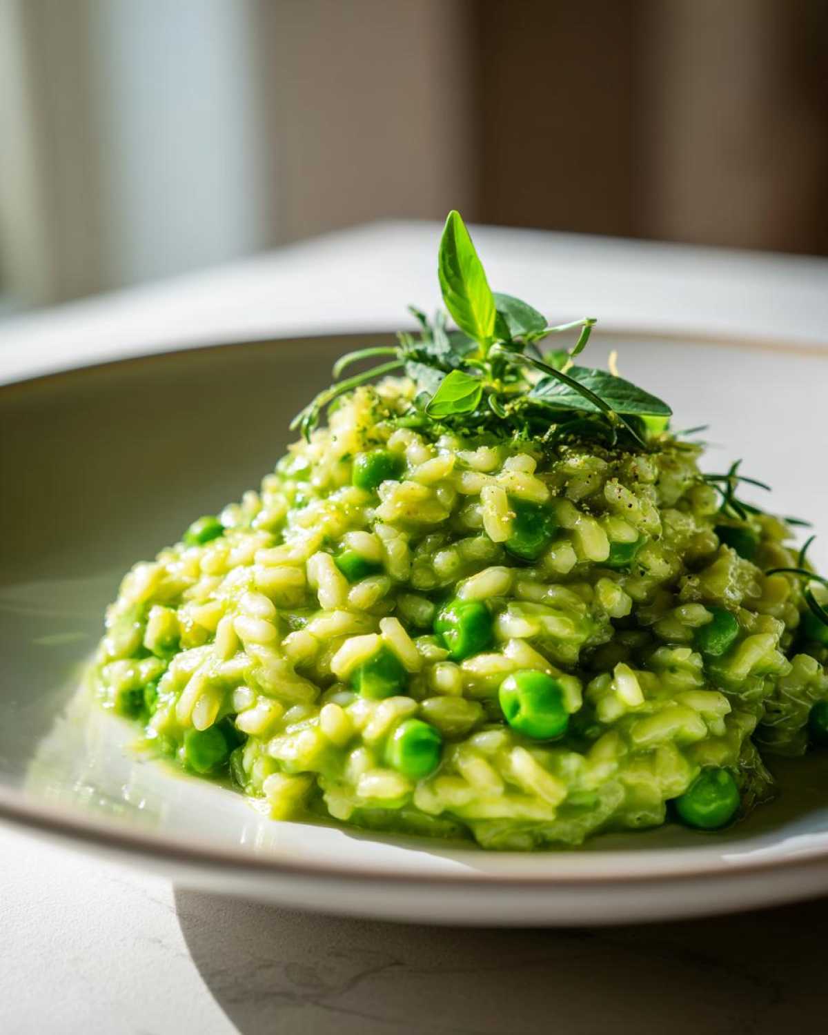 A close-up of creamy Spring Pea Mint Risotto, bright green and topped with fresh mint leaves.