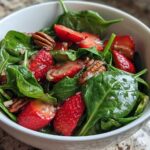 A close-up of a white bowl filled with Spring Strawberry Spinach Salad, featuring fresh spinach, sliced strawberries, and pecans coated in poppy dressing.