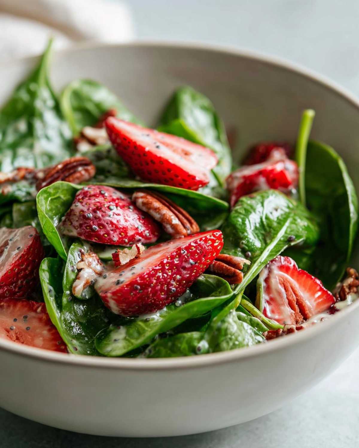 Close-up of a bowl filled with fresh spinach, sliced strawberries, and pecans, lightly coated in poppy seed dressing for a Spring Strawberry Spinach Salad.