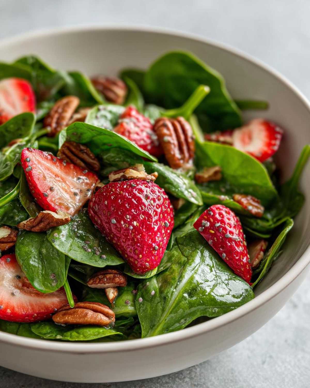 Close-up of a vibrant Spring Strawberry Spinach Salad featuring fresh spinach, sliced strawberries, pecans, and poppy seeds from the dressing.