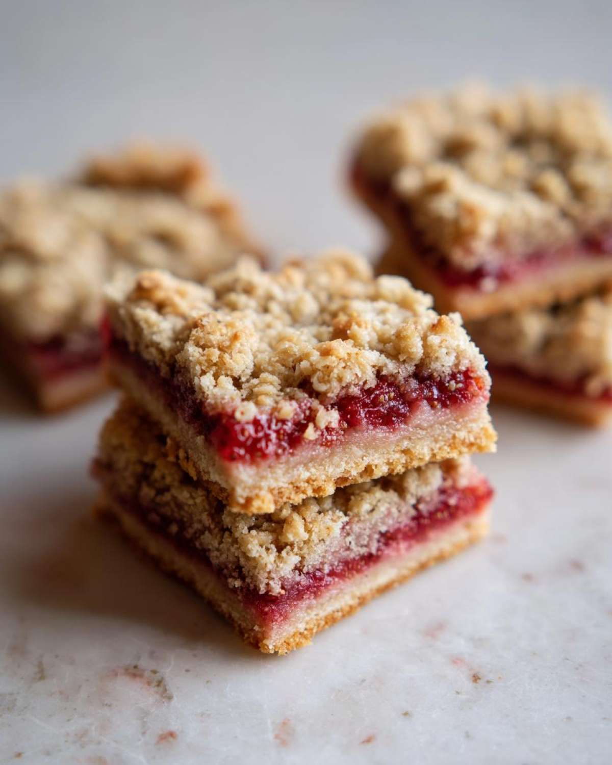 Two stacked squares of Strawberry Rhubarb Streusel Bars showing a thick, bright red fruit filling between a shortbread base and a crumbly topping.