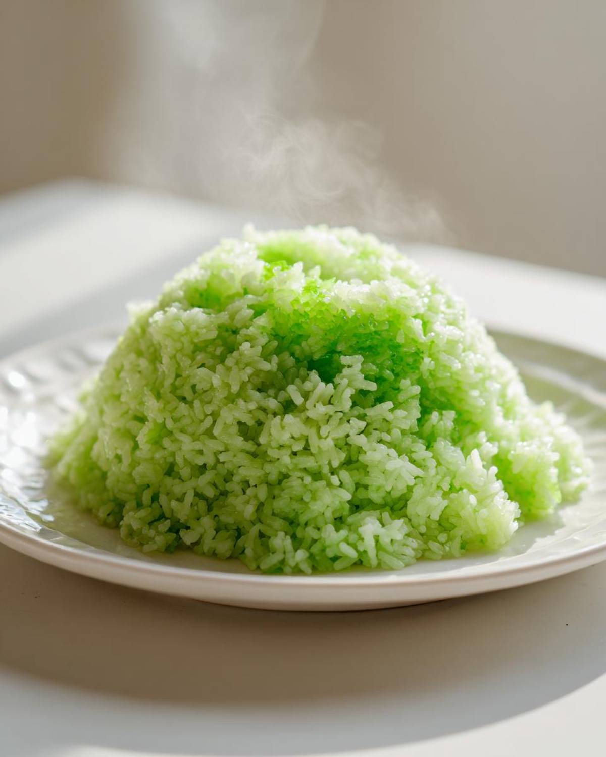 A mound of fluffy, bright green Pandan Coconut Rice steaming gently on a white plate.