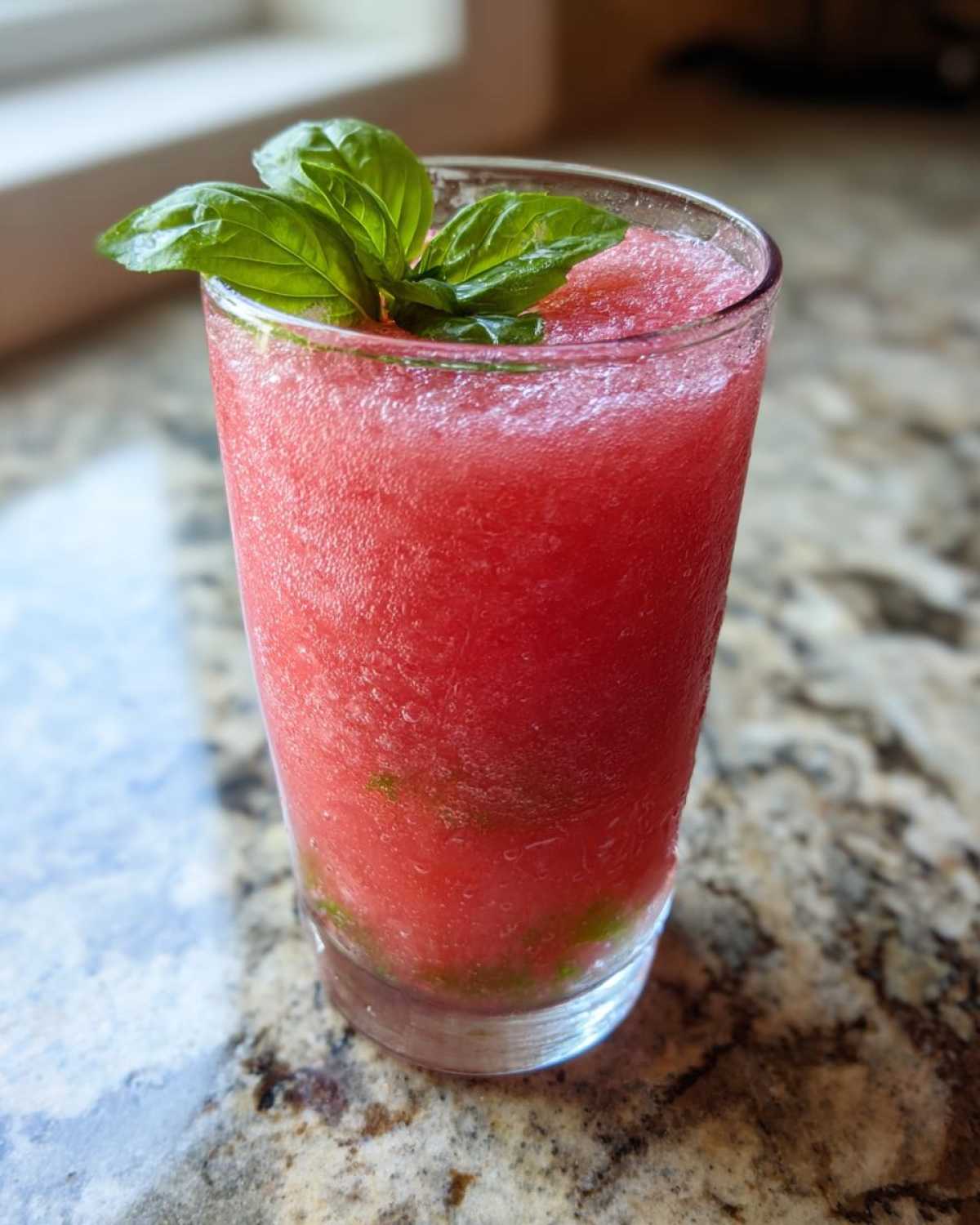 Close-up of a vibrant, icy Strawberry Basil Lemonade Slush garnished with fresh basil leaves.