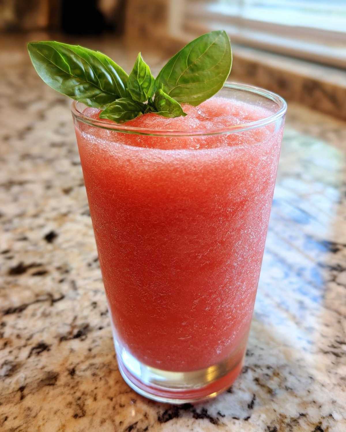 A tall glass filled with bright red Strawberry Basil Lemonade Slush, garnished with fresh basil leaves.