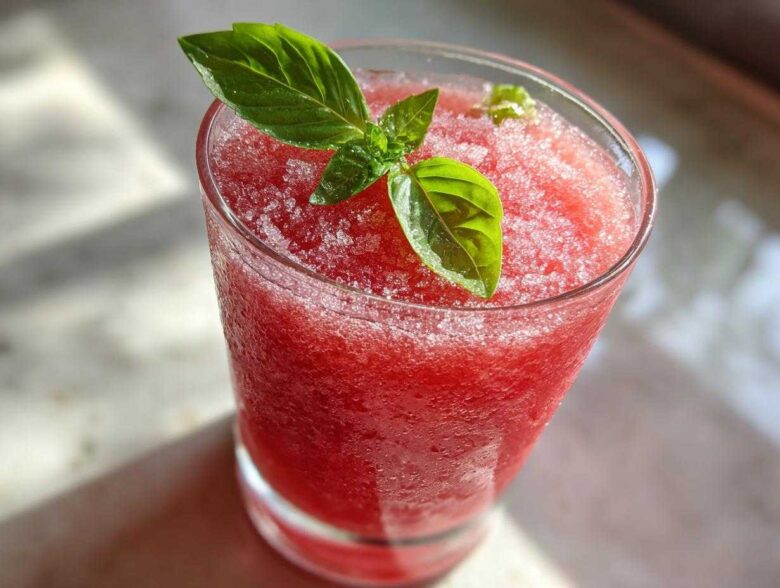 Close-up of a frosty glass filled with bright red Strawberry Basil Lemonade Slush, garnished with fresh basil leaves.