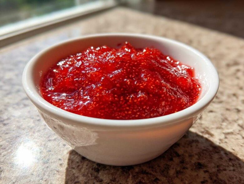 Close-up of bright red 10-Minute Strawberry Chia Jam texture in a small white bowl.