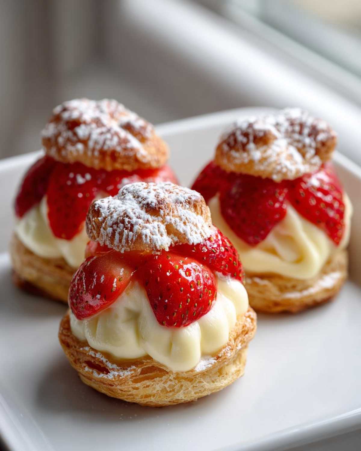 Three individual Strawberry Cream Puff Tartlets filled with pastry cream and topped with sliced strawberries and powdered sugar.