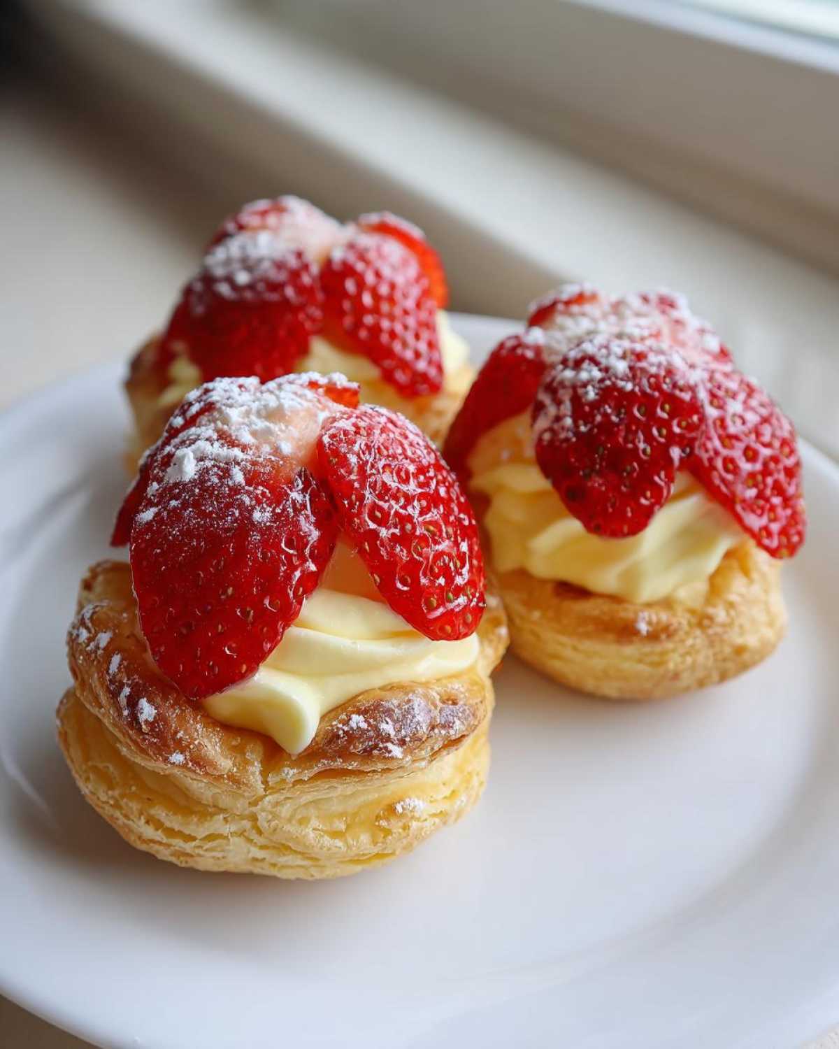 Three delicious Strawberry Cream Puff Tartlets filled with pastry cream and topped with fresh strawberries and powdered sugar.