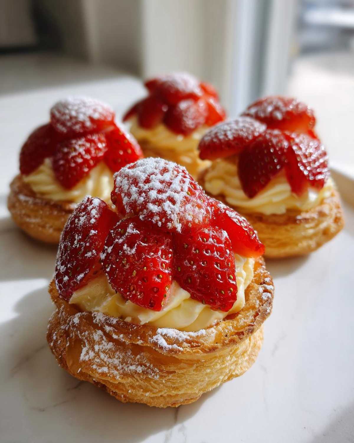 Four individual Strawberry Cream Puff Tartlets filled with pastry cream and topped with fresh strawberries and powdered sugar.