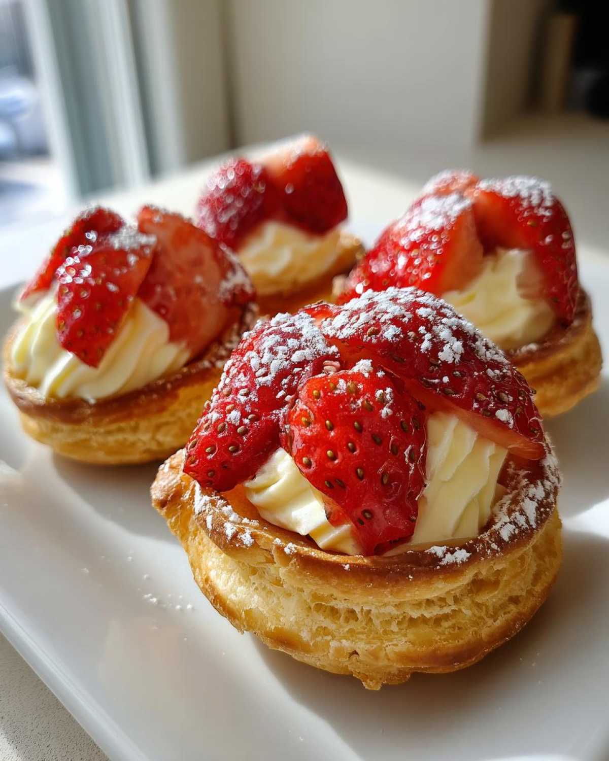 Four individual Strawberry Cream Puff Tartlets filled with cream and topped with sliced strawberries and powdered sugar.