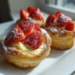 Three delicious Strawberry Cream Puff Tartlets filled with pastry cream and topped with fresh strawberries and powdered sugar.