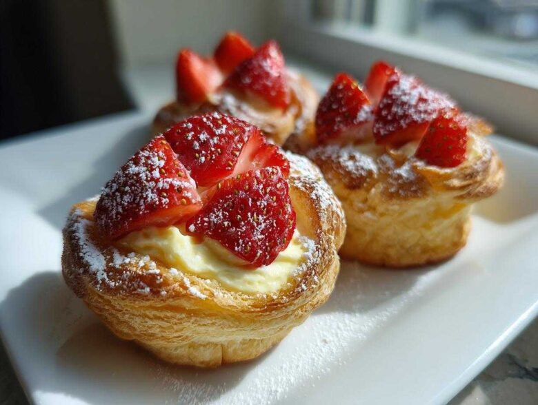 Three delicious Strawberry Cream Puff Tartlets filled with pastry cream and topped with fresh strawberries and powdered sugar.