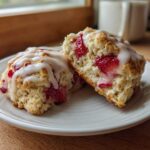 Two halves of a freshly baked Strawberry Cream Scones with Vanilla Glaze, showing juicy strawberries inside, resting on a white plate.
