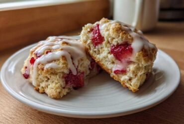 Two halves of a freshly baked Strawberry Cream Scones with Vanilla Glaze, showing juicy strawberries inside, resting on a white plate.