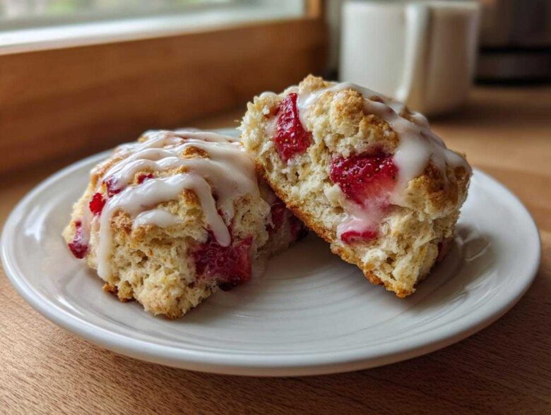 Two halves of a freshly baked Strawberry Cream Scones with Vanilla Glaze, showing juicy strawberries inside, resting on a white plate.