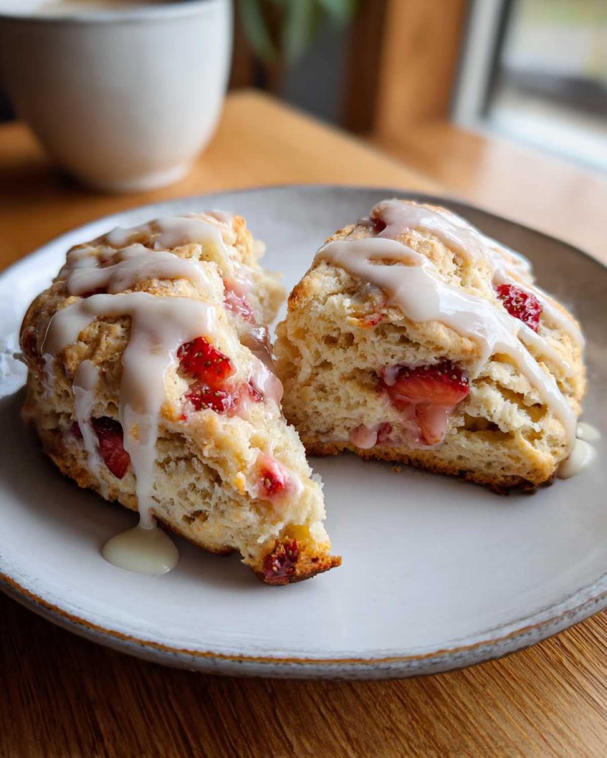 Two halves of a Strawberry Cream Scones with Vanilla Glaze, showing the interior with fresh strawberries and drizzled icing.