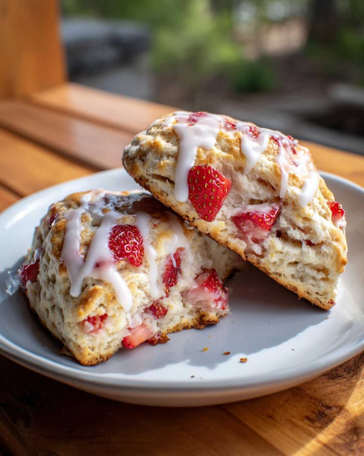 Close-up of two halves of Strawberry Cream Scones with Vanilla Glaze stacked on a plate.