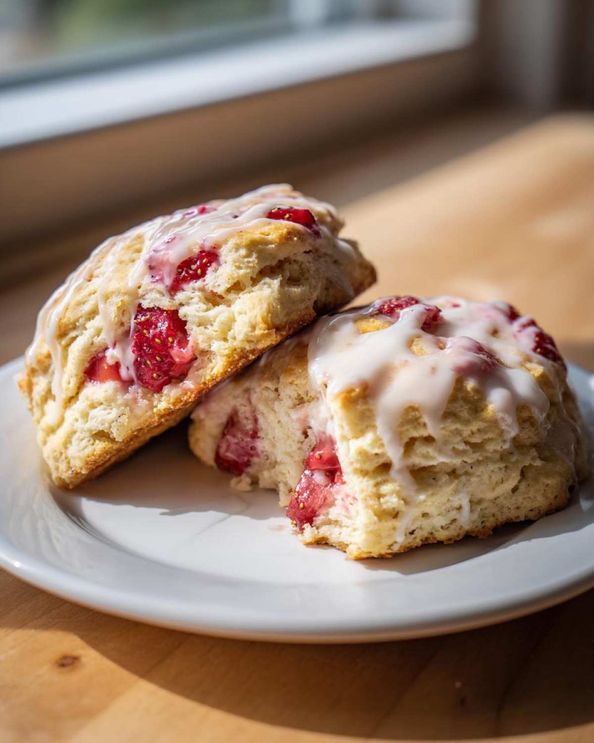 Close-up of two delicious Strawberry Cream Scones with Vanilla Glaze stacked slightly on a white plate.