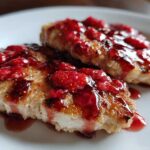 Two golden-brown Strawberry Goat Cheese Chicken Cutlets topped with a glistening strawberry glaze.