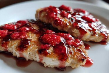 Two golden-brown Strawberry Goat Cheese Chicken Cutlets topped with a glistening strawberry glaze.