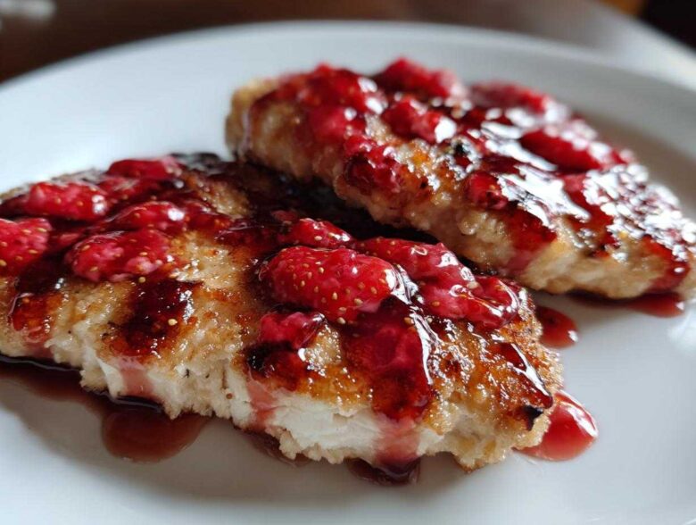 Two golden-brown Strawberry Goat Cheese Chicken Cutlets topped with a glistening strawberry glaze.