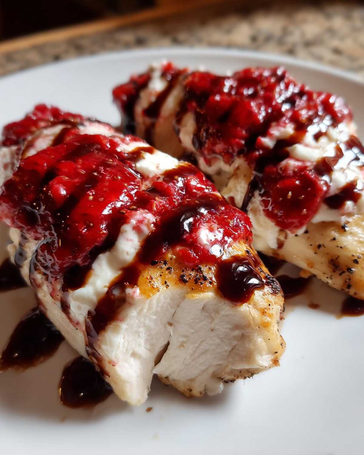 Close-up of cooked Strawberry Goat Cheese Chicken Cutlets, showing the white interior and bright red strawberry topping.