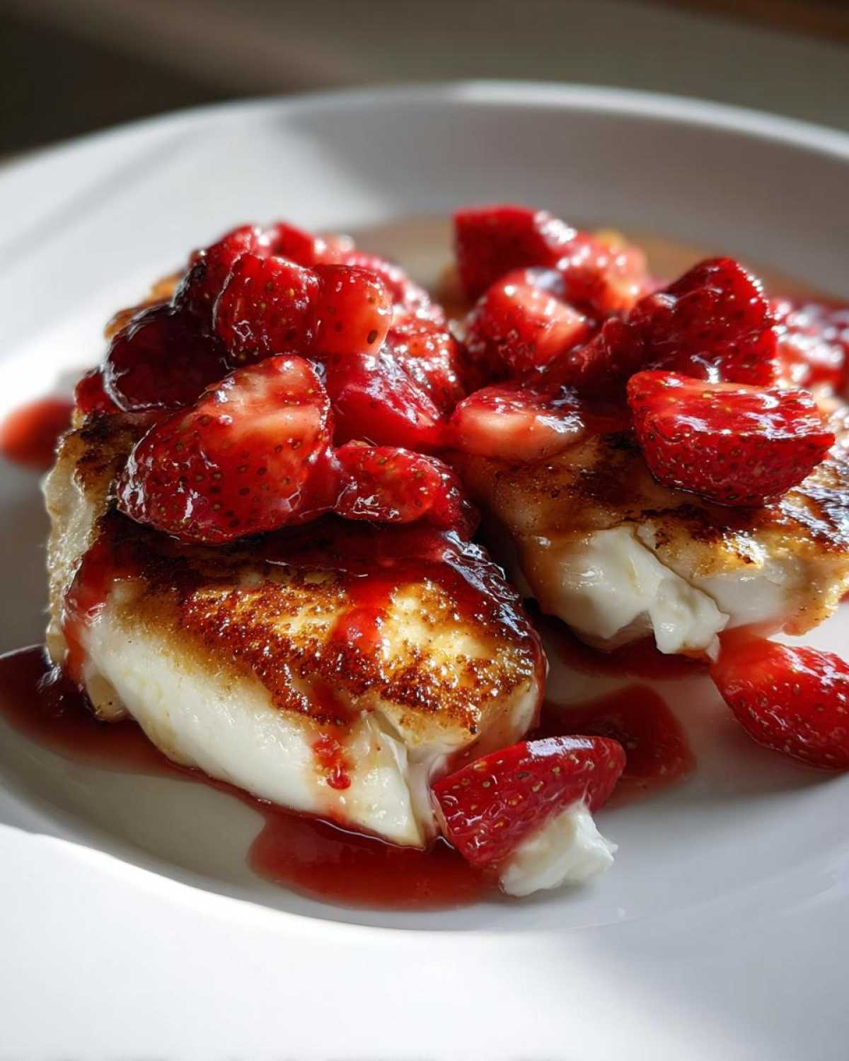 Close-up of seared Strawberry Goat Cheese Chicken Cutlets oozing white cheese and topped with a vibrant strawberry sauce.