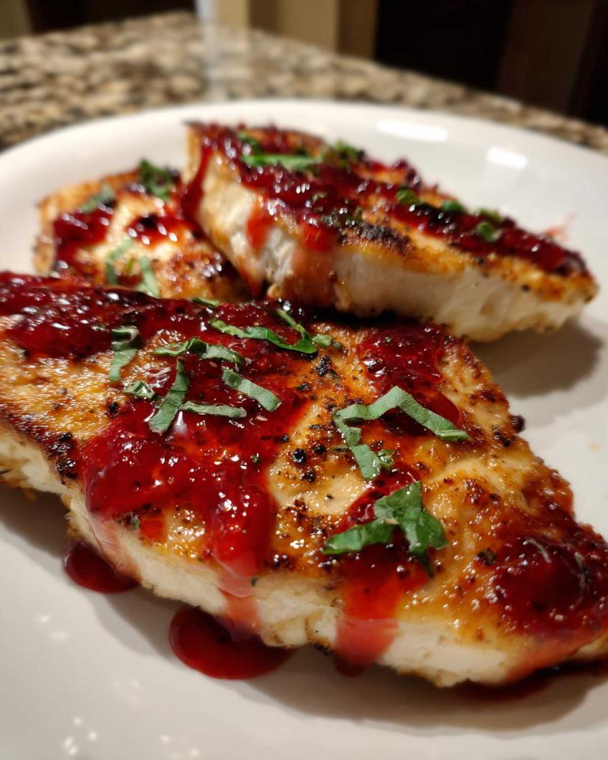 Close-up of pan-seared Strawberry Goat Cheese Chicken Cutlets topped with a vibrant red strawberry glaze and fresh herbs.