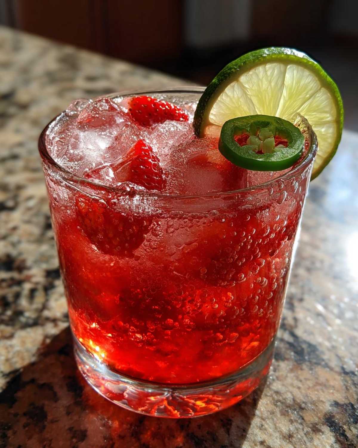 Close-up of a vibrant Strawberry Jalapeno Margarita Mocktail filled with ice, strawberries, and garnished with a lime wheel and jalapeno slice.