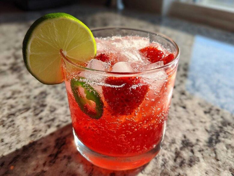 Close-up of a bright red Strawberry Jalapeno Margarita Mocktail filled with ice, strawberries, and a lime wedge garnish.