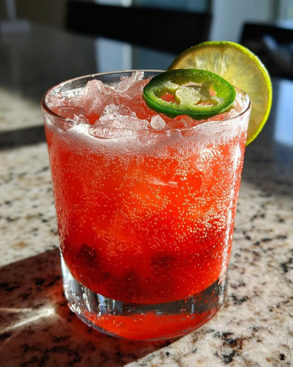 A vibrant red Strawberry Jalapeno Margarita Mocktail served over crushed ice, garnished with a lime wheel and a slice of fresh jalapeno.