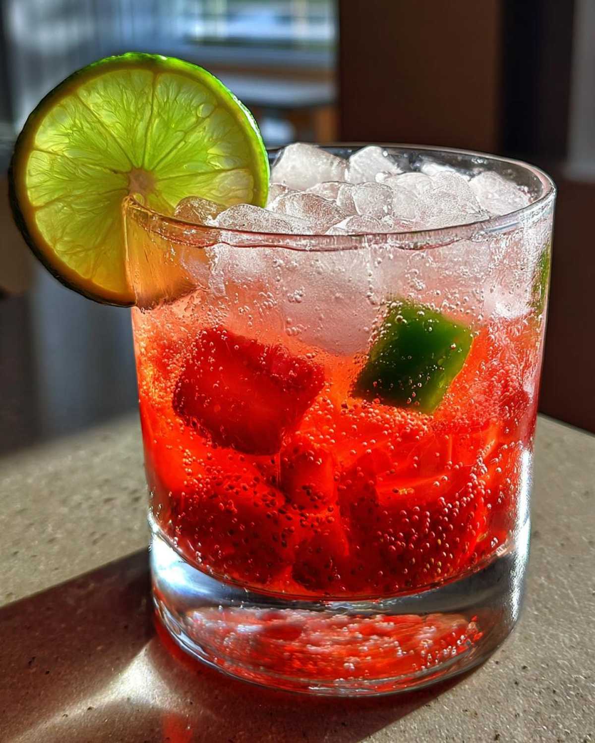 Close-up of a fizzy Strawberry Jalapeno Margarita Mocktail filled with ice, strawberries, and garnished with a lime wheel.