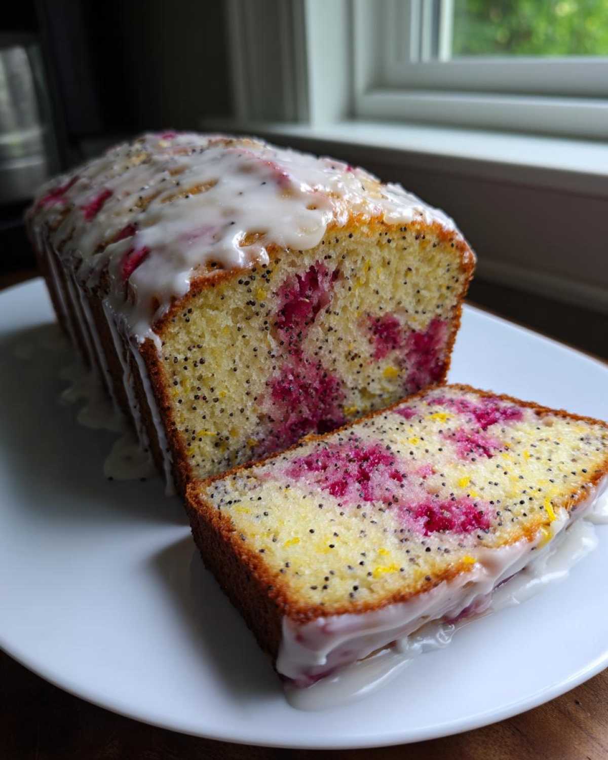 A close-up of a sliced Strawberry Lemon Poppyseed Loaf drizzled with white lemon glaze, showing bright pink berries inside.