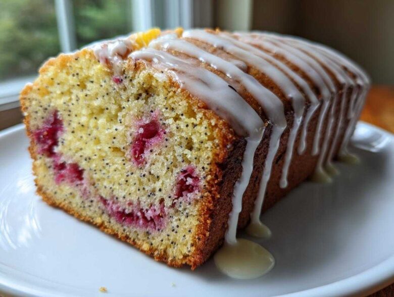 A close-up of a slice of Strawberry Lemon Poppyseed Loaf, showing the moist crumb, poppy seeds, and bright red strawberries, topped with a thick white glaze.