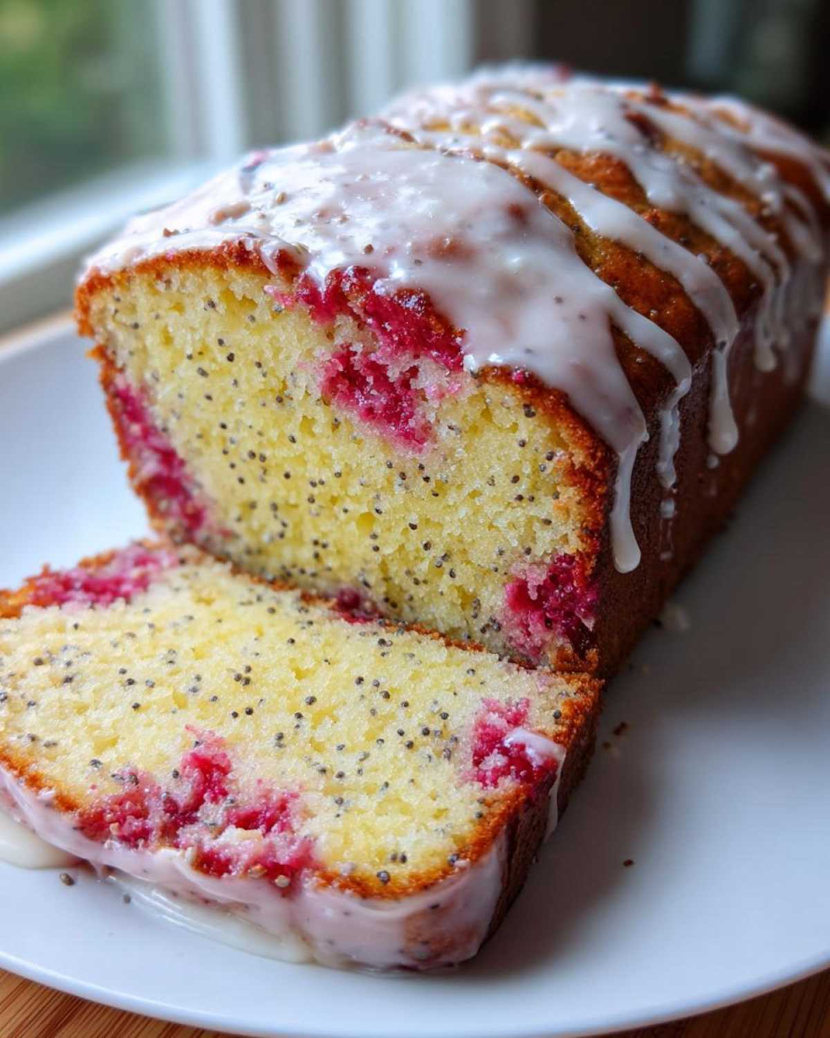 A close-up of a sliced Strawberry Lemon Poppyseed Loaf drizzled with a thick white glaze, showing bright red berries inside.