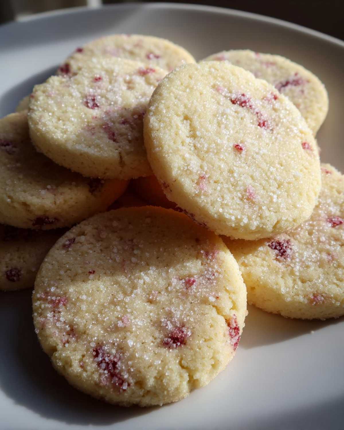 A pile of round Strawberry Lemon Shortbread Cookies, topped with coarse sugar crystals.