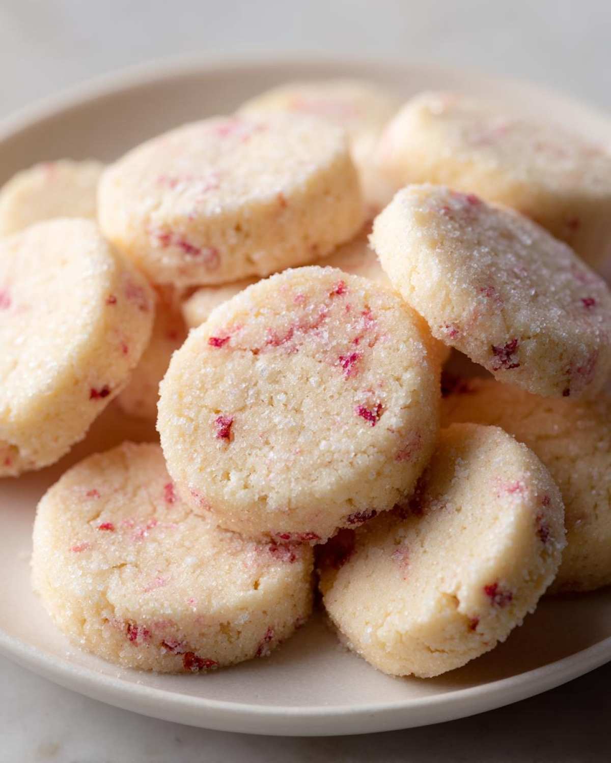 A close-up of several round Strawberry Lemon Shortbread Cookies piled on a light plate, dusted with sugar.
