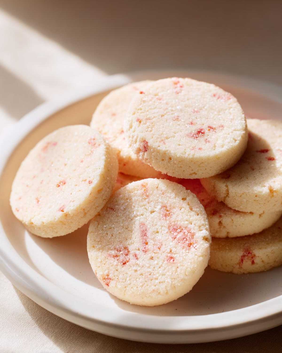 A stack of round Strawberry Lemon Shortbread Cookies dusted with sugar, showing flecks of red fruit.