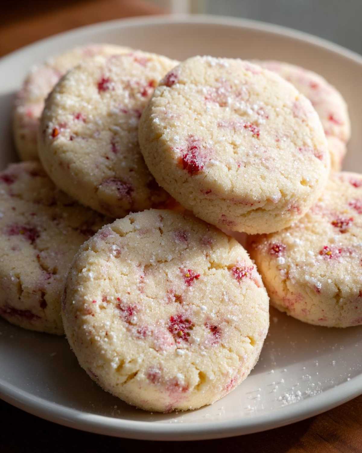 A stack of round Strawberry Lemon Shortbread Cookies dusted with powdered sugar on a light plate.