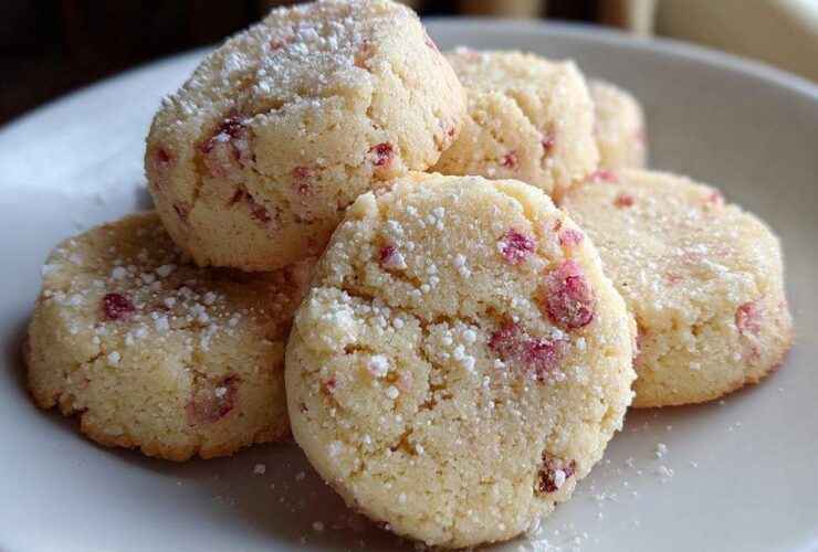 A stack of freshly baked Strawberry Lemon Shortbread Cookies dusted with powdered sugar on a white plate.