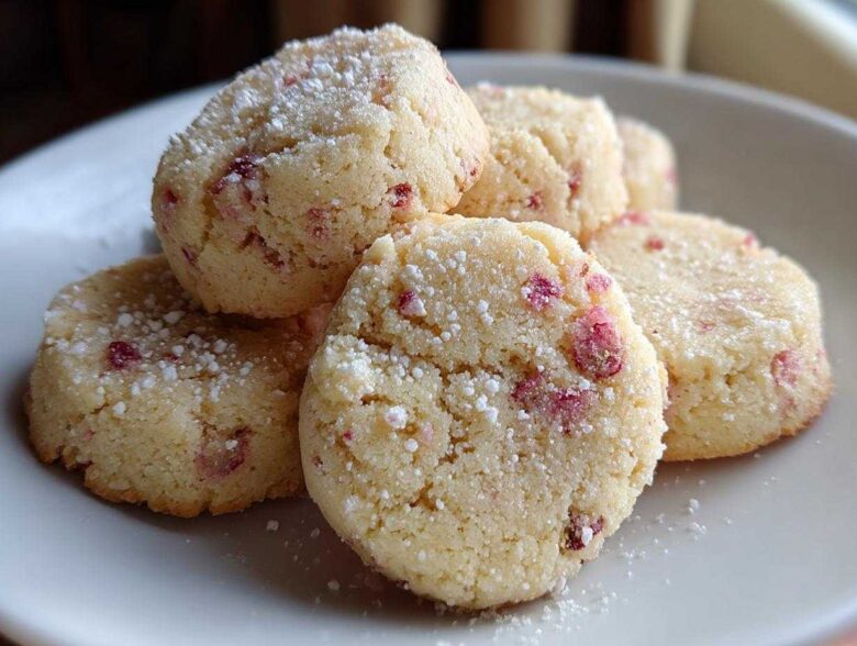 A stack of freshly baked Strawberry Lemon Shortbread Cookies dusted with powdered sugar on a white plate.