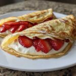Two folded Strawberry Mascarpone Crepes filled with cream and fresh strawberries, dusted with powdered sugar.