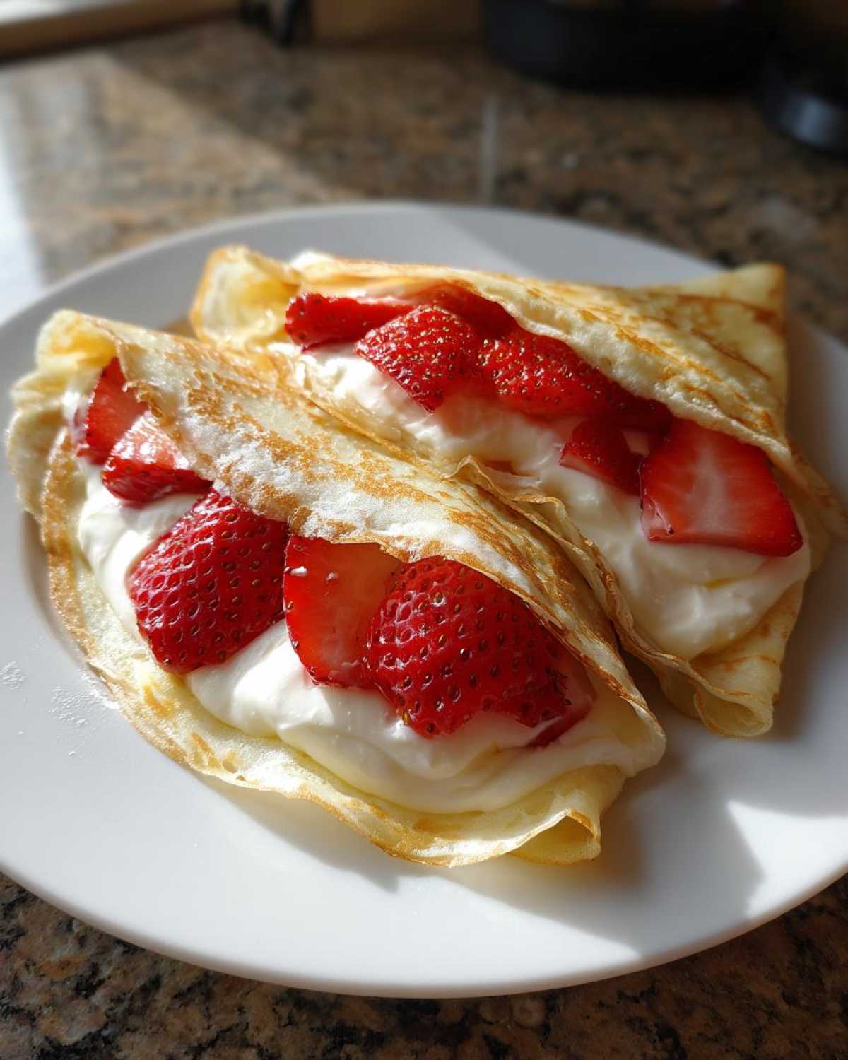Two folded Strawberry Mascarpone Crepes filled with creamy white mascarpone and fresh sliced strawberries on a white plate.
