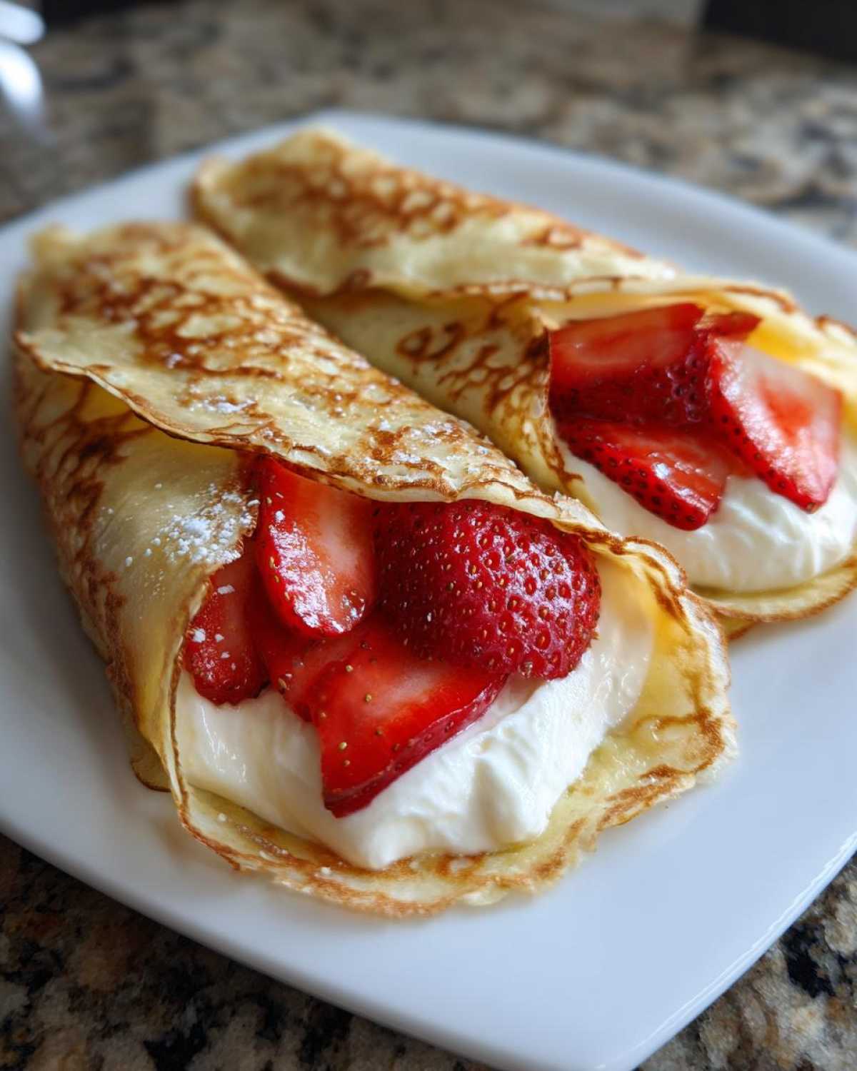 Two rolled Strawberry Mascarpone Crepes filled with white cream and sliced strawberries, dusted with powdered sugar.