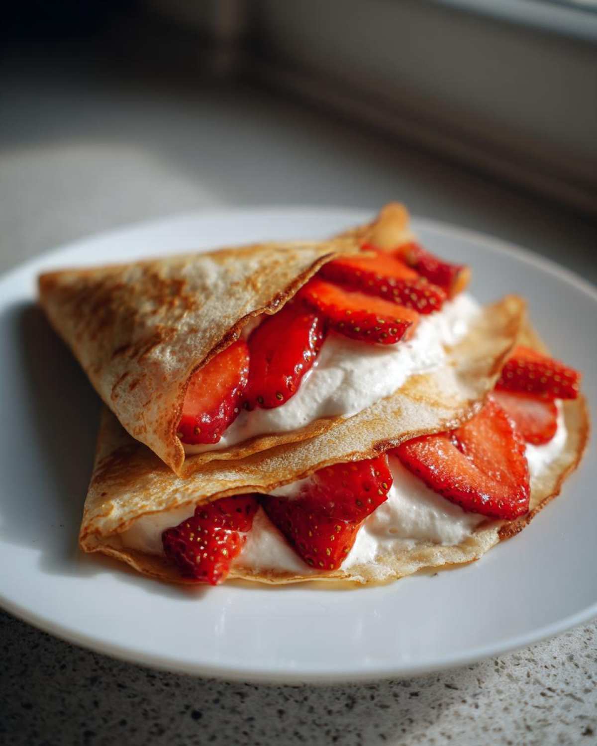 Two folded Strawberry Mascarpone Crepes filled with white cream and fresh sliced strawberries, served on a white plate.