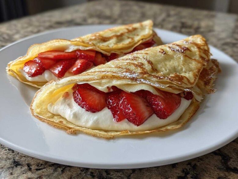 Two folded Strawberry Mascarpone Crepes filled with cream and fresh strawberries, dusted with powdered sugar.
