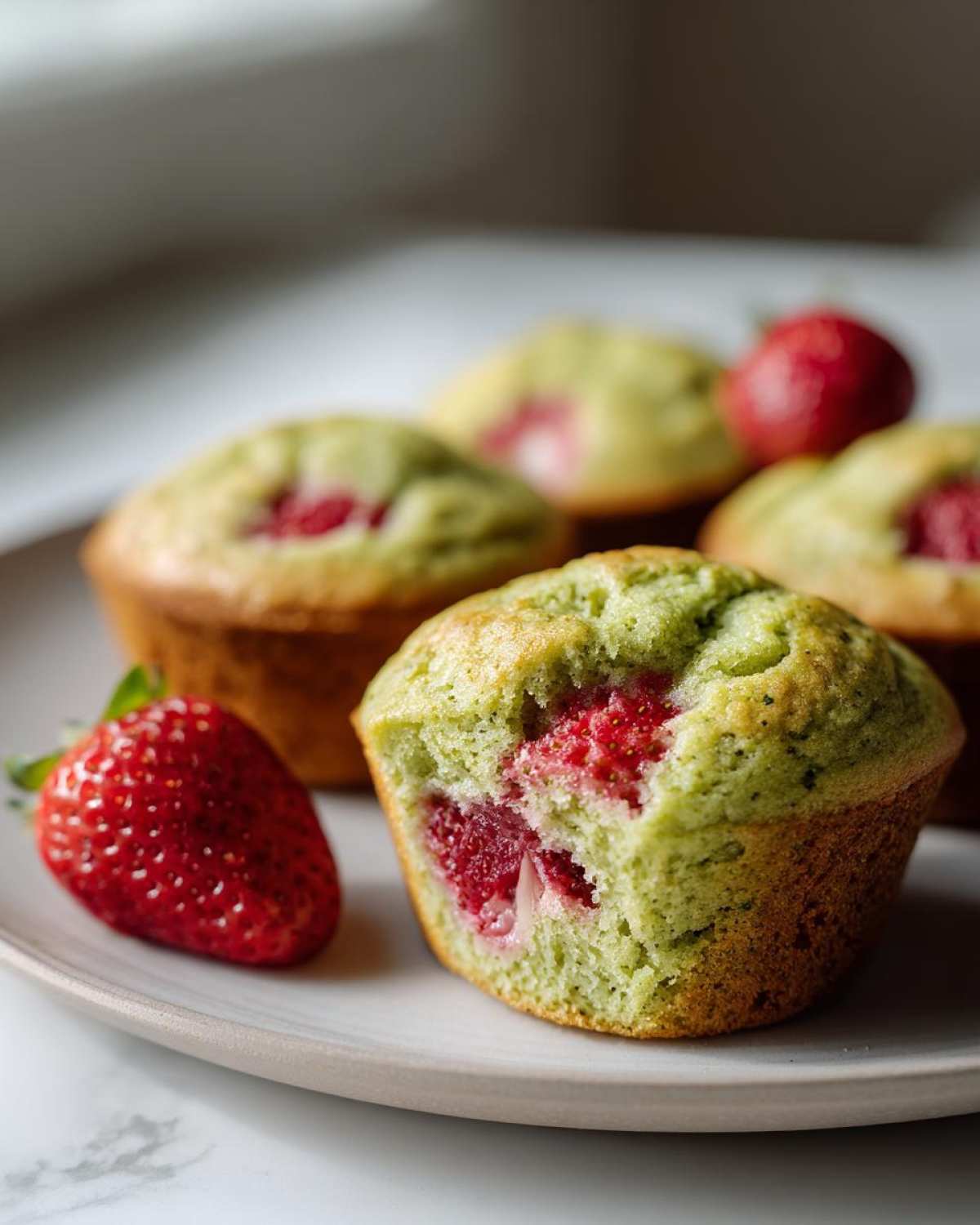A close-up of a Strawberry Matcha Yogurt Muffin with a bite taken out, revealing the bright red strawberry center.