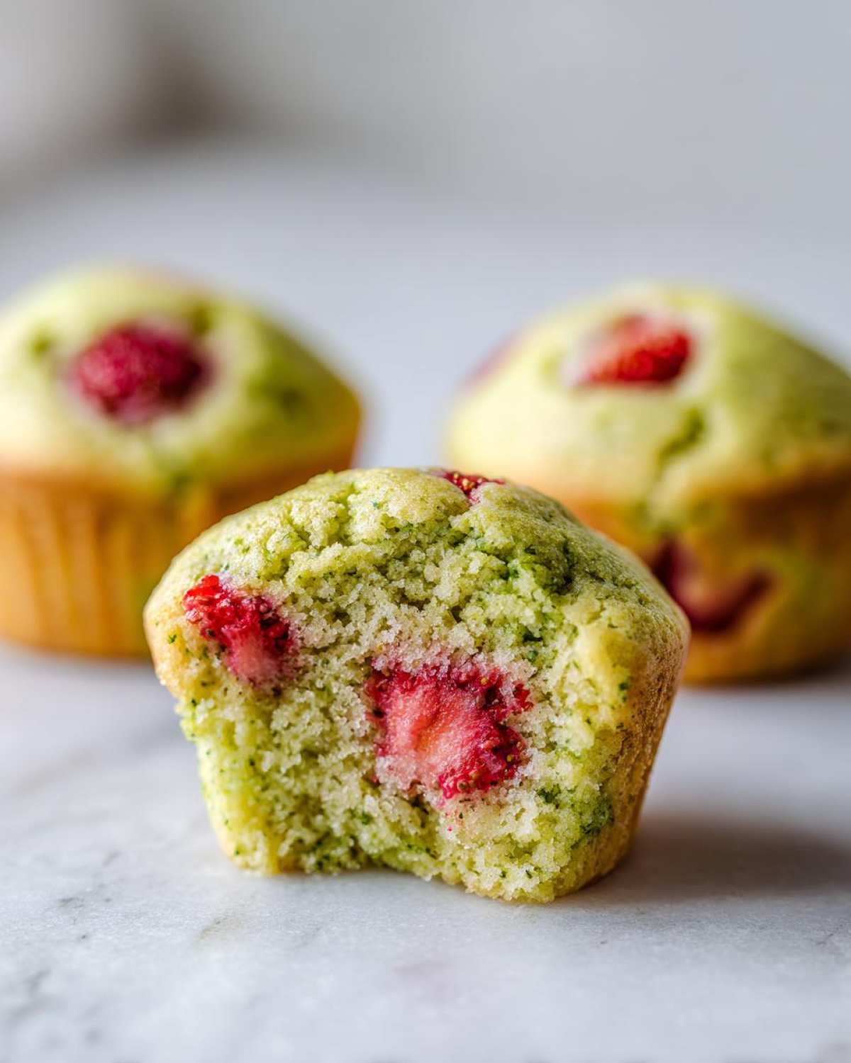 Close-up of a Strawberry Matcha Yogurt Muffin cut in half showing the green matcha crumb and bright red strawberry filling.