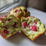 A Strawberry Matcha Yogurt Muffin cut in half showing the moist, green interior with visible pieces of strawberry.