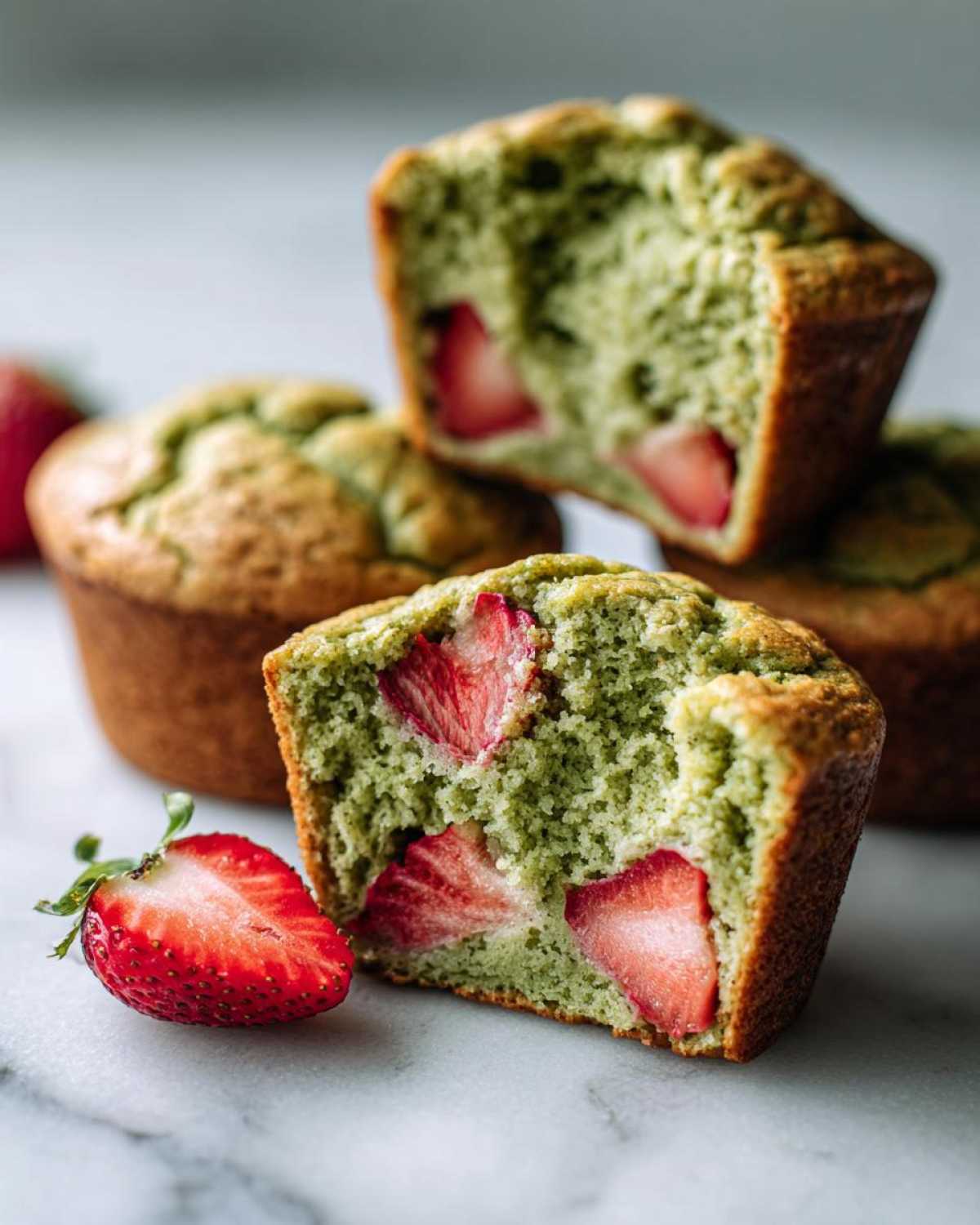 Close-up of a Strawberry Matcha Yogurt Muffin cut in half, showing green matcha crumb and bright red strawberry pieces.